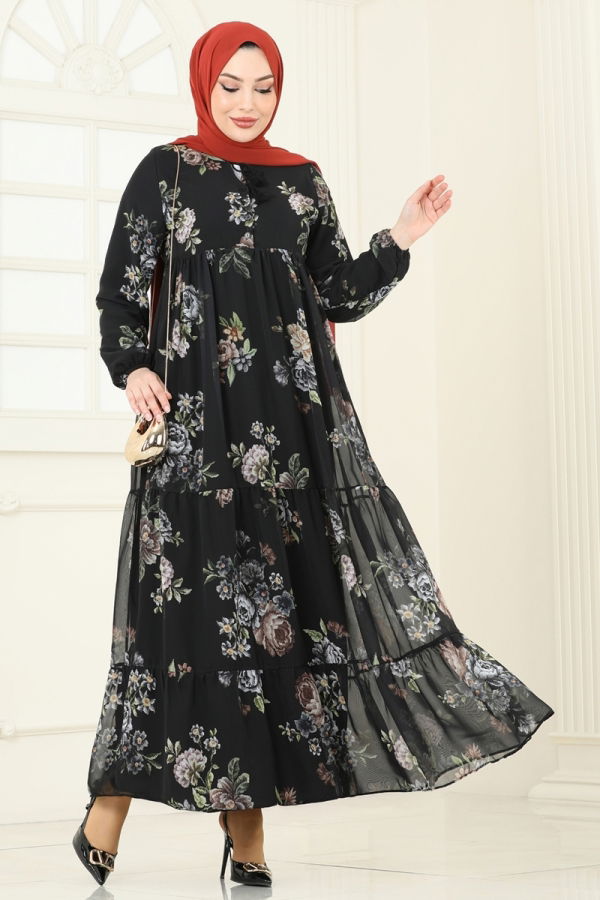 Modaselvim Elbise Çiçek Desenli Şifon Elbise 2205ANT466 Siyah