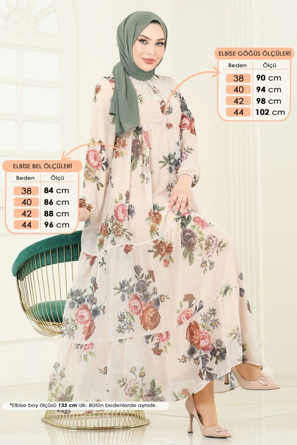 Modaselvim Elbise Çiçek Desenli Şifon Elbise 2205ANT466 Taş