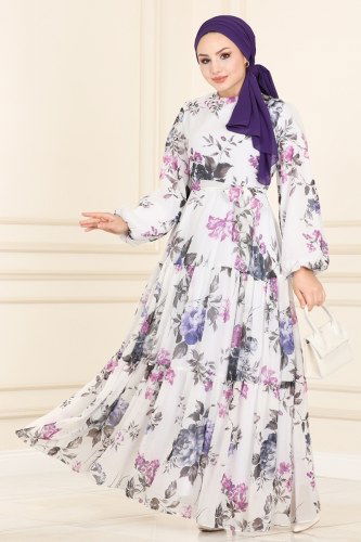 moda selvim Çiçek Desenli Şifon Elbise 6471YG95 Ekru - Thumbnail