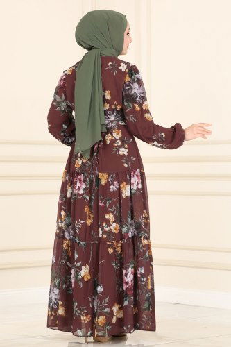 moda selvim Çiçek Desenli Şifon Elbise 6471YG95 Kahve - Thumbnail