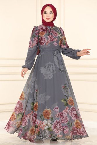 moda selvim Çiçek Desenli Şifon Elbise 6478YG95 Gri - Thumbnail