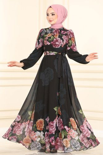 moda selvim Çiçek Desenli Şifon Elbise 6478YG95 Siyah - Thumbnail