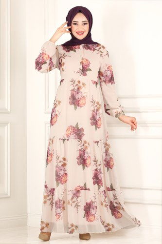 moda selvim Çiçek Desenli Şifon Elbise 81842BRNKO395 Ekru - Thumbnail