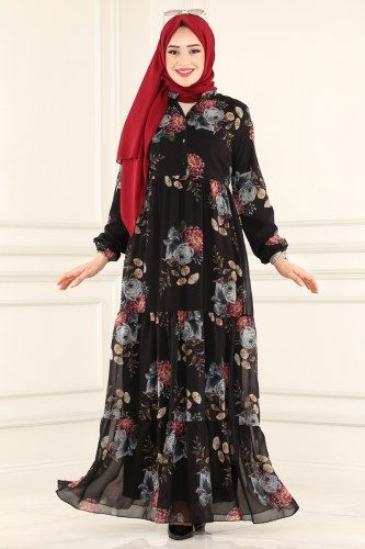 moda selvim Çiçek Desenli Şifon Elbise 81842BRNKO395 Siyah - Thumbnail
