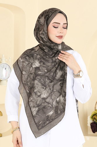 moda selvim Çiçek Desenli Soft Şal 157IPK758 Açık Haki - Thumbnail