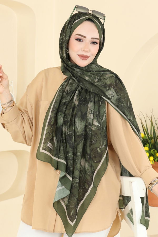 Modaselvim Şal Çiçek Desenli Soft Şal 157IPK758 Haki
