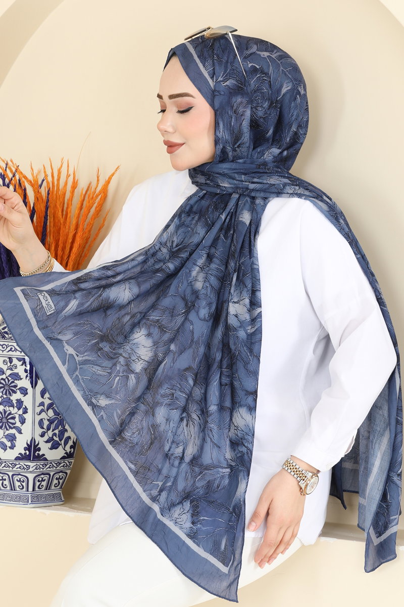Çiçek Desenli Soft Şal 157IPK758 İndigo
