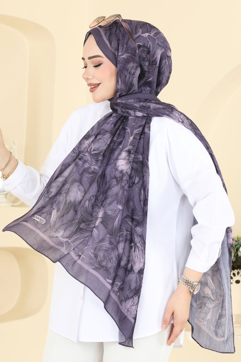 Çiçek Desenli Soft Şal 157IPK758 Koyu Lila