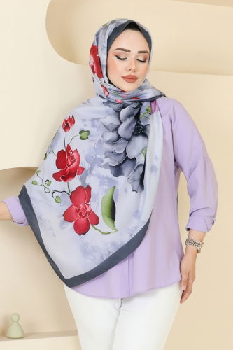 moda selvim Çiçek Desenli Soft Şal Serisi 145IPK758 Antrasit - Thumbnail