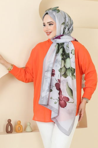 moda selvim Çiçek Desenli Soft Şal Serisi 145IPK758 Gümüş - Thumbnail