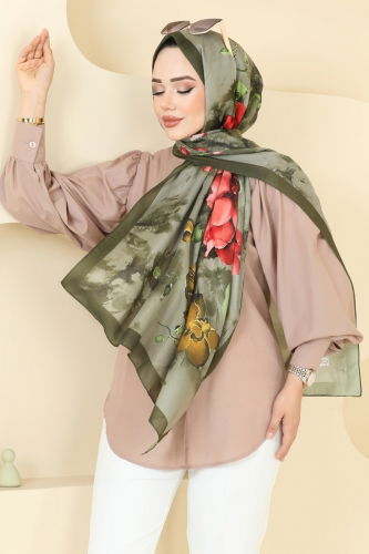 moda selvim Çiçek Desenli Soft Şal Serisi 145IPK758 Haki - Thumbnail
