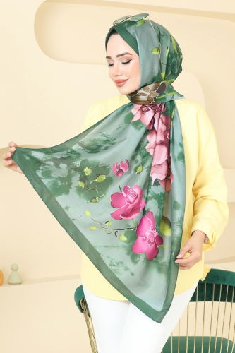moda selvim Çiçek Desenli Soft Şal Serisi 145IPK758 Yeşil - Thumbnail