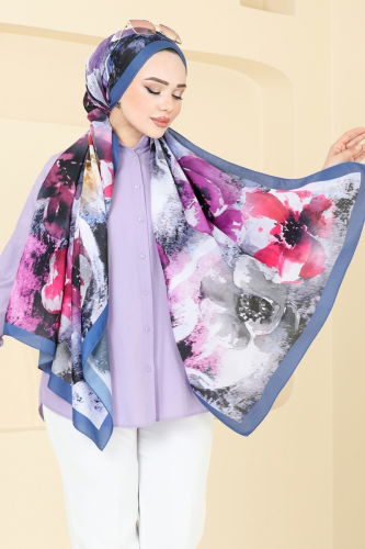 moda selvim Çiçek Desenli Soft Şal Serisi 147IPK758 İndigo - Thumbnail