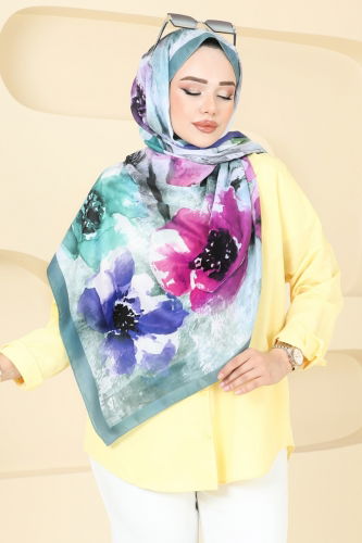 moda selvim Çiçek Desenli Soft Şal Serisi 147IPK758 Mint - Thumbnail