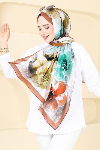 moda selvim Çiçek Desenli Soft Şal Serisi 147IPK758 Taba - Thumbnail