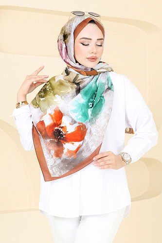 moda selvim Çiçek Desenli Soft Şal Serisi 147IPK758 Taba - Thumbnail