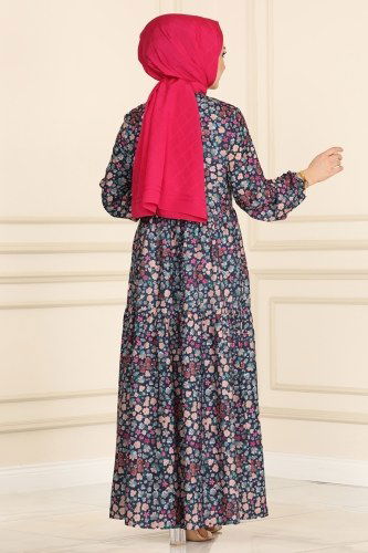 moda selvim Çiçek Desenli Tesettür Elbise 2029KTR750 Laci - Thumbnail