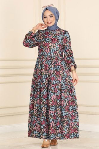 moda selvim Çiçek Desenli Tesettür Elbise 2029KTR750 Siyah - Thumbnail
