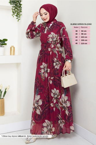 MRV A.N.T. - Çiçek Desenli Tesettür Elbise 5035ANT904-M Vişne