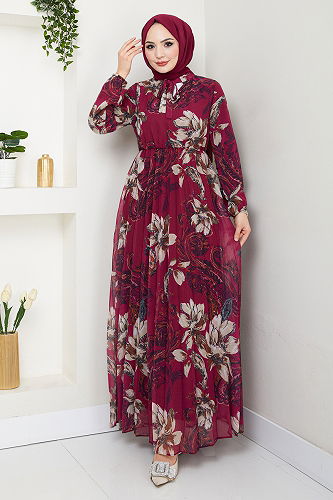 moda selvim Çiçek Desenli Tesettür Elbise 5035ANT904-M Vişne - Thumbnail