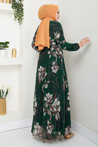moda selvim Çiçek Desenli Tesettür Elbise 5035ANT904-M Zümrüt - Thumbnail