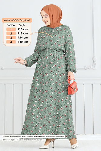 moda selvim Çiçek Desenli Tesettür Elbise 807OZN1046 Mint - Thumbnail