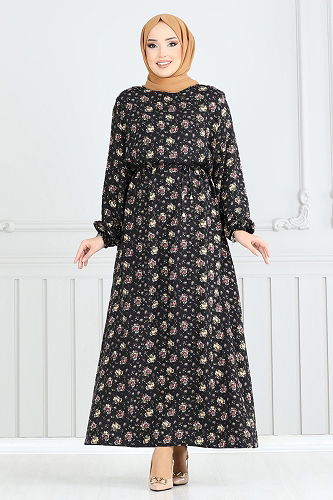 moda selvim Çiçek Desenli Tesettür Elbise 807OZN1046 Siyah - Thumbnail