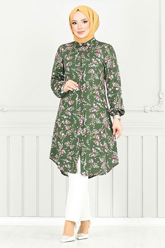moda selvim Çiçek Desenli Tesettür Tunik 0174BGS895-M Haki - Thumbnail