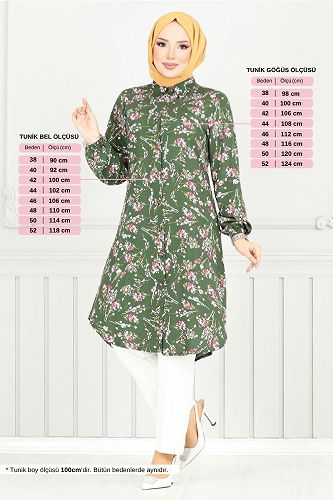 moda selvim Çiçek Desenli Tesettür Tunik 0174BGS895-M Haki - Thumbnail