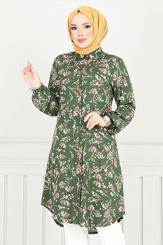 moda selvim Çiçek Desenli Tesettür Tunik 0174BGS895-M Haki - Thumbnail
