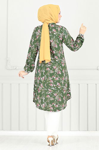 moda selvim Çiçek Desenli Tesettür Tunik 0174BGS895-M Haki - Thumbnail