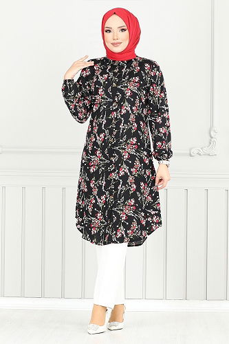 moda selvim Çiçek Desenli Tesettür Tunik 0174BGS895-M Siyah - Thumbnail