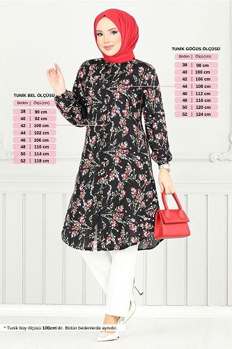 moda selvim Çiçek Desenli Tesettür Tunik 0174BGS895-M Siyah - Thumbnail