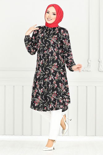 moda selvim Çiçek Desenli Tesettür Tunik 0174BGS895-M Siyah - Thumbnail