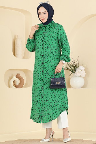 moda selvim Çiçek Desenli Tunik 170NZRK1200 Benetton Yeşili - Thumbnail