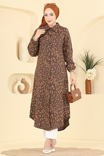 moda selvim Çiçek Desenli Tunik 170NZRK1200 Kahve - Thumbnail