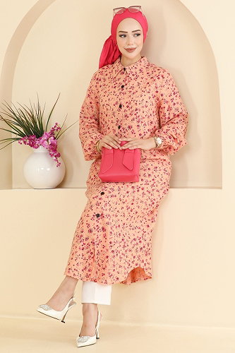 moda selvim Çiçek Desenli Tunik 170NZRK1200 Somon - Thumbnail