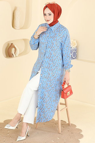 moda selvim Çiçek Desenli Tunik 195NZRK1200 Bebe Mavisi - Thumbnail