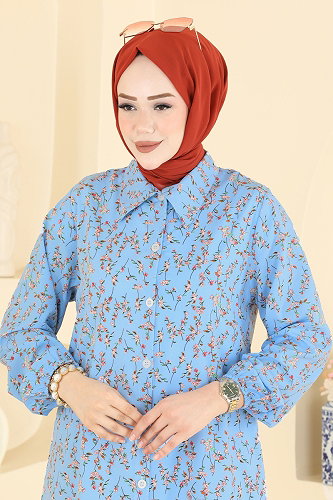 moda selvim Çiçek Desenli Tunik 195NZRK1200 Bebe Mavisi - Thumbnail
