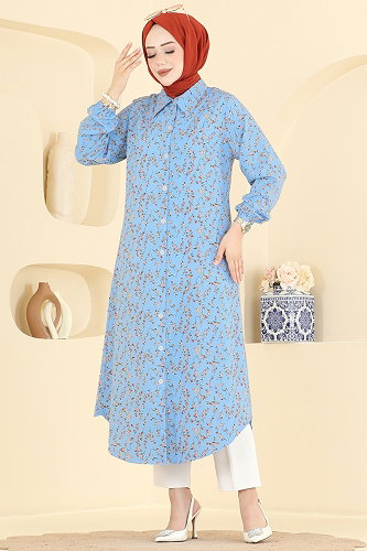 moda selvim Çiçek Desenli Tunik 195NZRK1200 Bebe Mavisi - Thumbnail