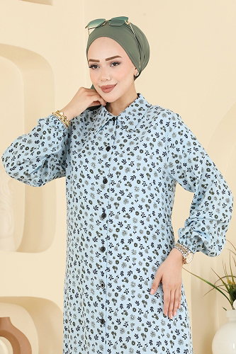 moda selvim Çiçek Desenli Uzun Tunik 171NZRK1200 Bebe Mavisi - Thumbnail