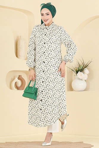 moda selvim Çiçek Desenli Uzun Tunik 171NZRK1200 Ekru - Thumbnail
