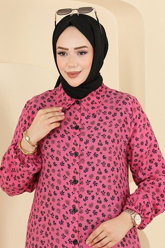 moda selvim Çiçek Desenli Uzun Tunik 171NZRK1200 Fuşya - Thumbnail