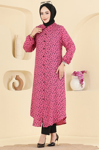 moda selvim Çiçek Desenli Uzun Tunik 171NZRK1200 Fuşya - Thumbnail