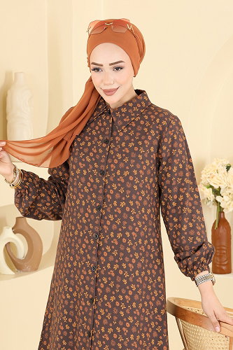 moda selvim Çiçek Desenli Uzun Tunik 171NZRK1200 Kahve - Thumbnail