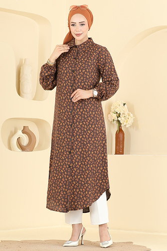 moda selvim Çiçek Desenli Uzun Tunik 171NZRK1200 Kahve - Thumbnail