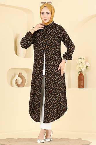 moda selvim Çiçek Desenli Uzun Tunik 171NZRK1200 Siyah - Thumbnail