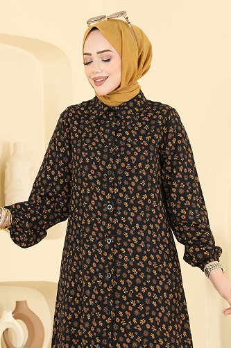 moda selvim Çiçek Desenli Uzun Tunik 171NZRK1200 Siyah - Thumbnail