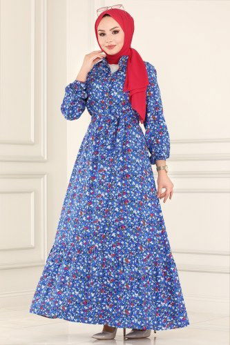 moda selvim Çiçek Desenli Viskon Elbise 1099BG354 İndigo - Thumbnail