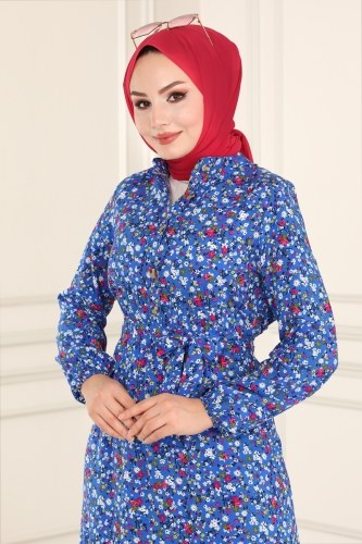 moda selvim Çiçek Desenli Viskon Elbise 1099BG354 İndigo - Thumbnail